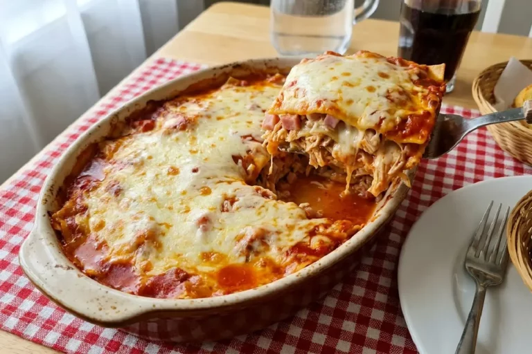 Travessa simples com lasanha de frango caseira ao molho de tomate, mussarela moderadamente derretida e fatia servida revelando frango desfiado, presunto e molho vermelho entre as camadas, sobre mesa com toalha xadrez.