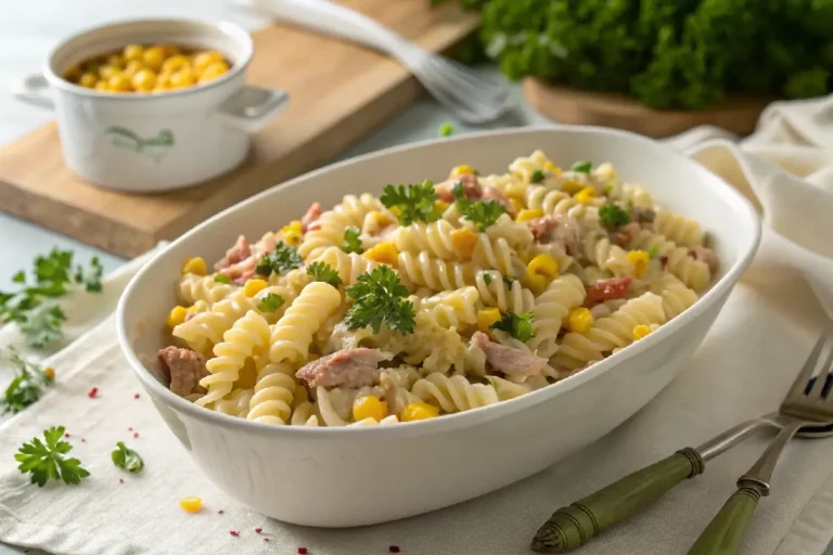 Salada de macarronese com atum, milho, maionese e macarrão parafuso, servida em tigela branca
