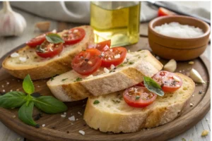 Pão torrado coberto com tomate fresco picado e temperado, servido em prato rústico.