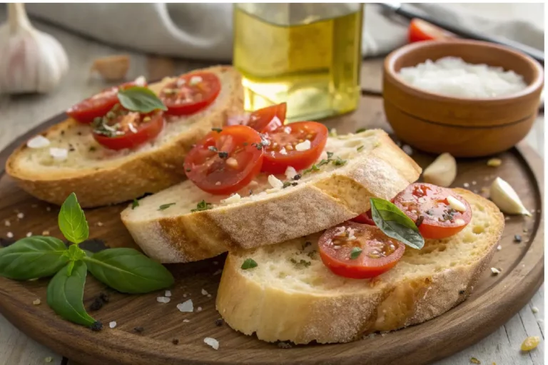 Pão torrado coberto com tomate fresco picado e temperado, servido em prato rústico.