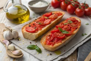 Pão torrado coberto com tomate fresco picado e temperado, servido em prato rústico.