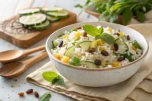Salada de arroz com pepino em cubos, uva-passa branca, salsinha e molho de azeite e vinagre, prato colorido e refrescante.