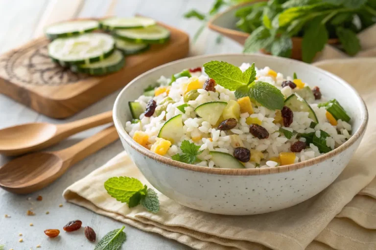 Salada de arroz com pepino em cubos, uva-passa branca, salsinha e molho de azeite e vinagre, prato colorido e refrescante.