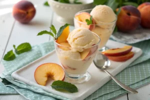 Sorvete de pêssego cremoso servido em taça transparente, com pedaços de pêssego e decoração de hortelã﻿.