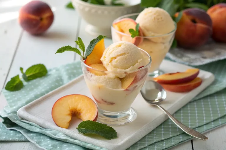 Sorvete de pêssego cremoso servido em taça transparente, com pedaços de pêssego e decoração de hortelã﻿.
