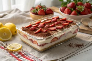 Tiramisu de morango cremoso servido em taça, sobremesa italiana com morangos frescos.