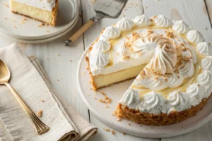 Torta de coco cremosa com massa crocante de biscoito, recheio branco de leite condensado e coco ralado, fatiada em prato branco.