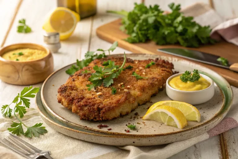 Bisteca empanada de porco dourada e crocante, servida em prato branco com ervas frescas e fatias de limão.
