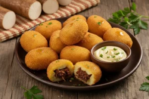 Bolinhos de aipim com carne seca dourados e crocantes em travessa rústica, alguns cortados ao meio revelando massa cremosa e recheio de carne seca desfiada