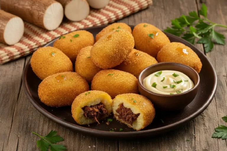 Bolinhos de aipim com carne seca dourados e crocantes em travessa rústica, alguns cortados ao meio revelando massa cremosa e recheio de carne seca desfiada