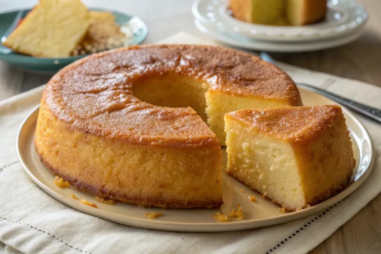 Bolo de aipim cremoso, com textura úmida e superfície dourada, cortado em fatias, servido em prato branco.