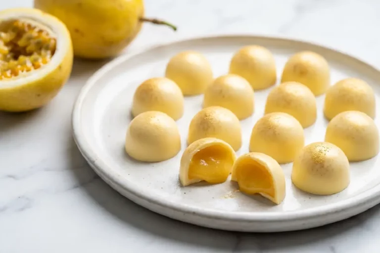 Bombom de maracujá caseiro com casca de chocolate branco e recheio cremoso amarelo dourado à mostra sobre mármore branco