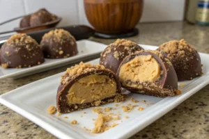 Bombom de paçoca caseiro com casca de chocolate ao leite brilhante e recheio cremoso de paçoca à mostra