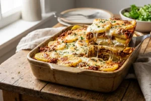 Lasanha de batata cremosa com queijo gratinado