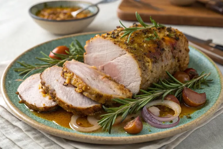 Lombo de porco assado com crosta de ervas, dourado e suculento, decorado com ramos de alecrim e fatias de limão.