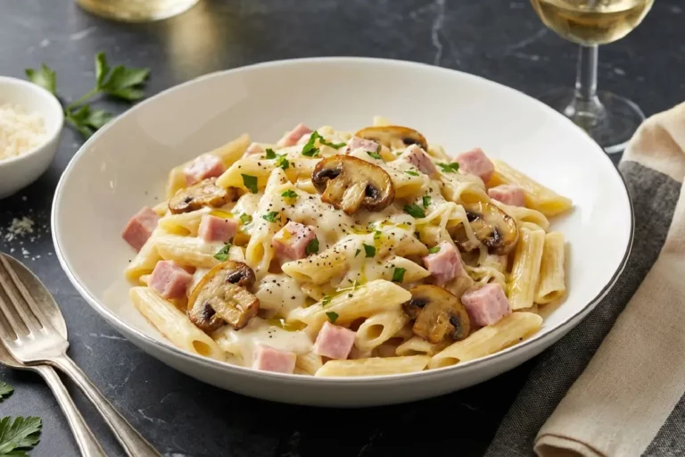 Macarrão parisiense cremoso em bowl de porcelana branca com molho aveludado de creme de leite, champignon dourado, presunto e parmesão sobre mármore escuro