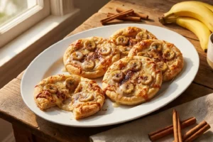 Mini pizza de banana com canela douradinha
