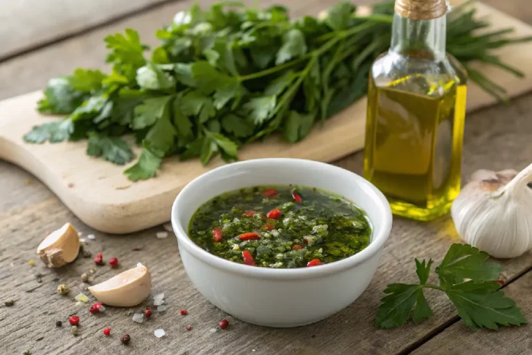 Molho chimichurri tradicional argentino servido em tigela, feito com salsa fresca, orégano, alho, pimenta, vinagre e azeite.