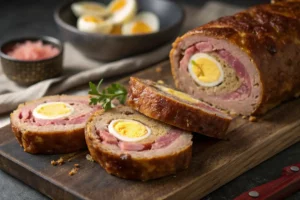 Fatias de rocambole holandês (Gehaktbal) mostrando ovos cozidos centralizados, bacon e carne moída temperada perfeitamente assada