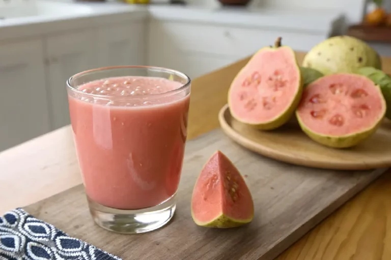 Suco de goiaba natural cremoso servido em copo transparente com frutas frescas