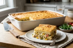 Torta salgada de liquidificador com recheio cremoso de frango