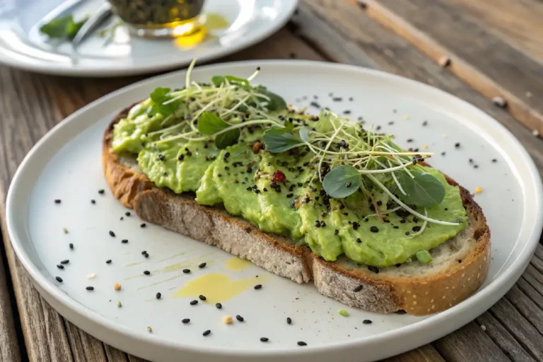 Avotoast com fatias de abacate cremoso sobre pão artesanal, decorado com sementes e temperos frescos, prato saudável e nutritivo.
