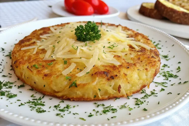 Batata rosti crocante e dourada, feita com batatas raladas e temperadas, servida como panqueca crocante acompanhada de queijo derretido.