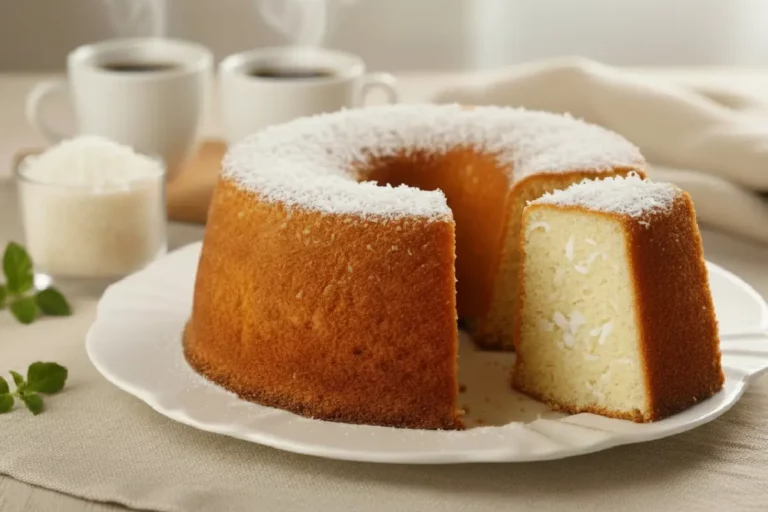 Bolo de coco fofinho caseiro cortado mostrando textura interna macia e úmida sobre prato branco
