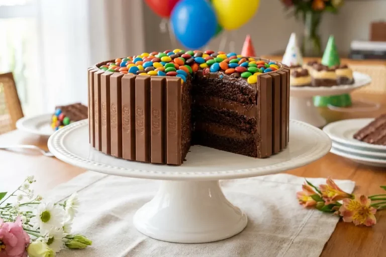 Bolo de Kit Kat decorado com confeitos coloridos e recheio de chocolate