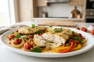 Cação assado no forno com legumes