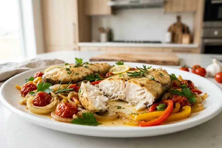 Cação assado no forno com legumes