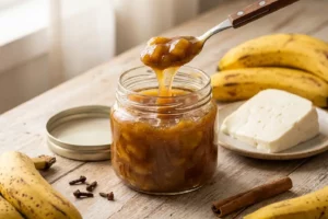 Doce de banana cremoso dourado e brilhante em pote de vidro aberto com colher de madeira e bananas maduras ao fundo