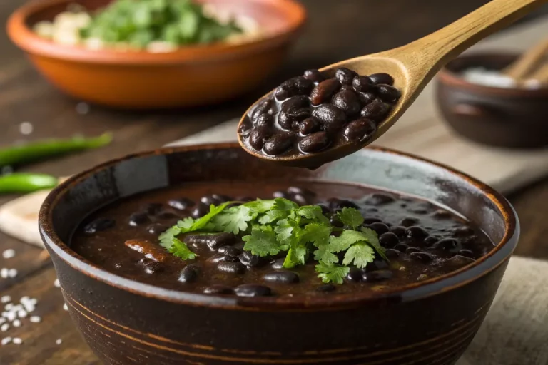 Tigela rústica de cerâmica com feijão preto cremoso sendo servido por concha de madeira com vapor subindo