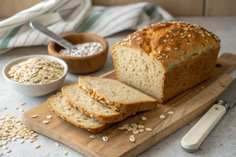 Pão de aveia sem glúten, assado, com textura macia e crosta dourada, servido em fatias sobre tábuas de madeira.
