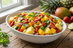 Salada tropical colorida com frutas e folhas frescas