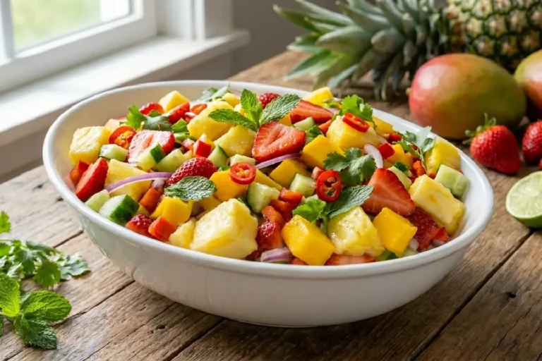 Salada tropical colorida com frutas e folhas frescas