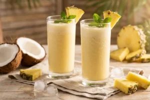 Dois copos altos com suco de abacaxi com coco amarelo-claro decorados com hortelã fresca e rodela de abacaxi sobre mesa de madeira clara