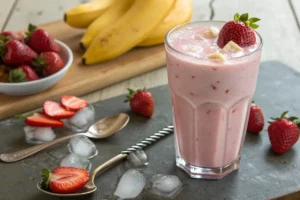 Vitamina de morango cremosa e refrescante, receita rápida com frutas frescas.