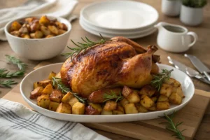 Cheester assado dourado, acompanhado de batatas assadas crocantes e aromatizadas, servido em prato decorativo.