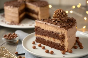 Bolo de brigadeiro fofinho com cobertura cremosa de chocolate, granulado e superfície brilhante, servido em prato redondo.