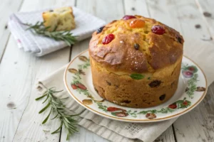 Panetone caseiro dourado com frutas cristalizadas e uvas-passas, servido fatiado