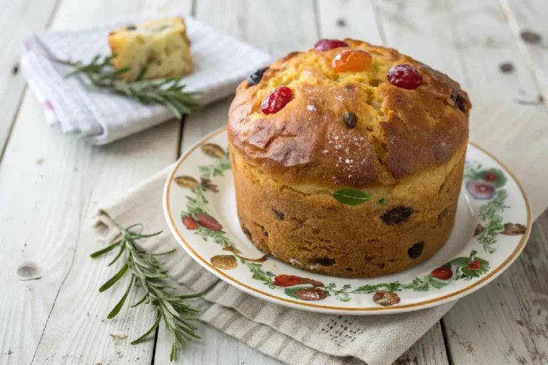 Panetone caseiro dourado com frutas cristalizadas e uvas-passas, servido fatiado