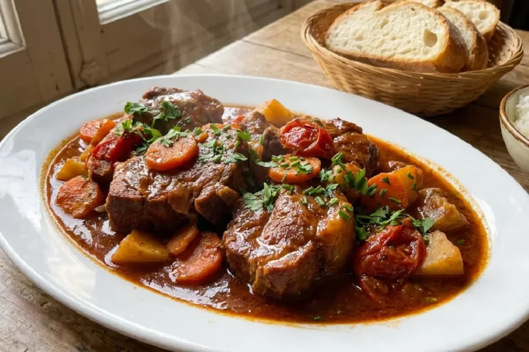 Estofado de porco com molho encorpado, batatas e cenouras