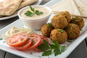 Porção de falafel dourado servido com molho de tahine e salada fresca.