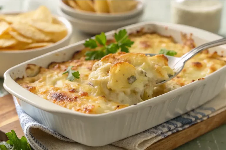 Fricassê de bacalhau cremoso, gratinado com batata palha, servido em refratário branco.