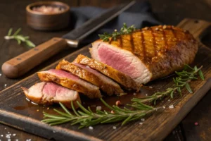 Magret de canard selado com pele quadrillada crocante dourada, carne rosada suculenta fatiada, servido com molho de mel e ervas.​