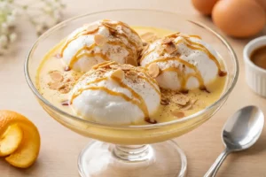 Compoteira de vidro elegante com três nuvens brancas de merengue flutuando sobre creme inglês amarelo-dourado, regadas com fio de caramelo âmbar brilhante e polvilhadas com canela, sobre superfície de madeira clara.