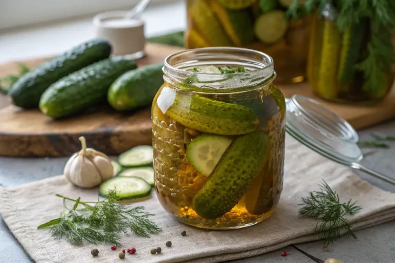 Picles de pepino caseiros em conserva vidrada com alho, pimenta e endro, fatias verdes crocantes em pote de vidro transparente.