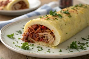 Rocambole de batata recheado com carne seca desfiada, massa dourada e crocante, fatiado mostrando recheio suculento.