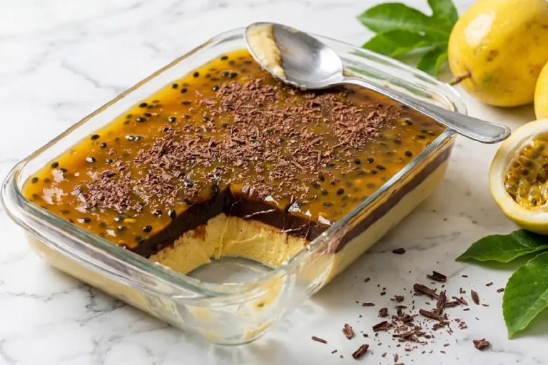 Travessa de cerâmica branca com trufado de maracujá finalizado, mostrando camadas de creme amarelo-creme, ganache de chocolate meio amargo e calda brilhante de maracujá com sementes, com porção retirada revelando as camadas internas.